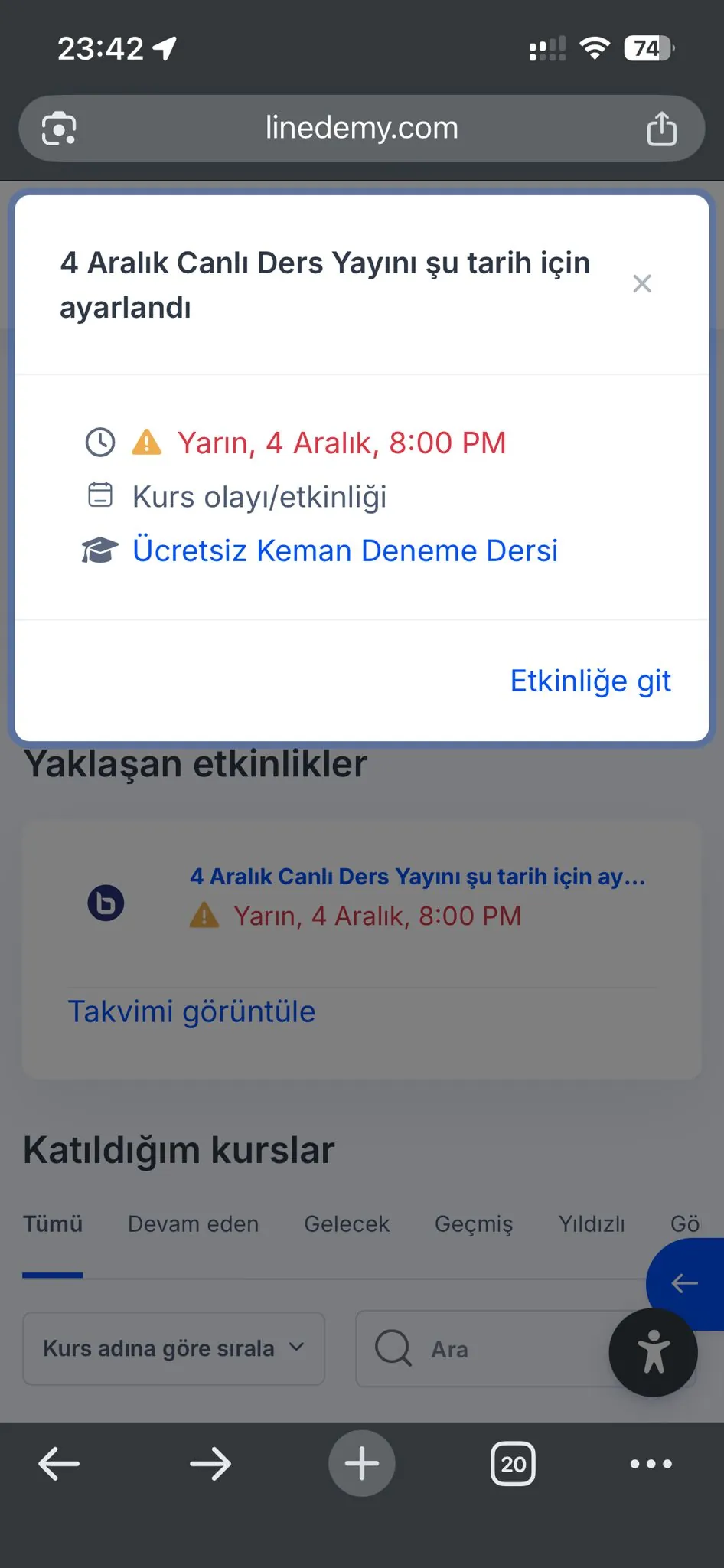 Yaklaşan etkinlikler bölümünde Takvimi görüntüle bağlantısı