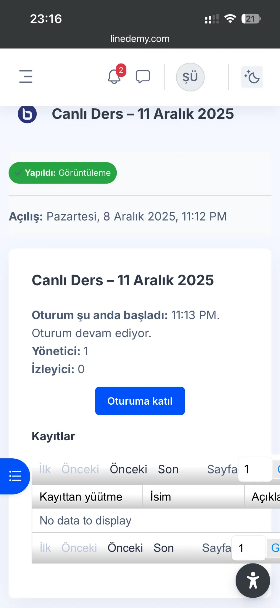 Canlı ders etkinliği sayfası ve Oturuma katıl butonu