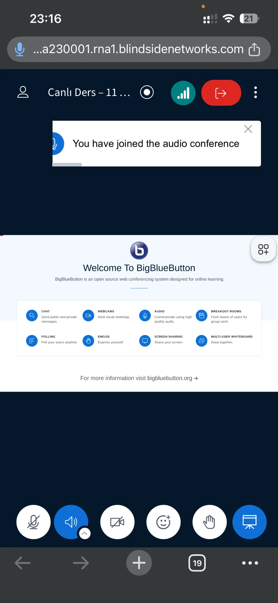 BigBlueButton derse bağlandıktan sonra ana ekran