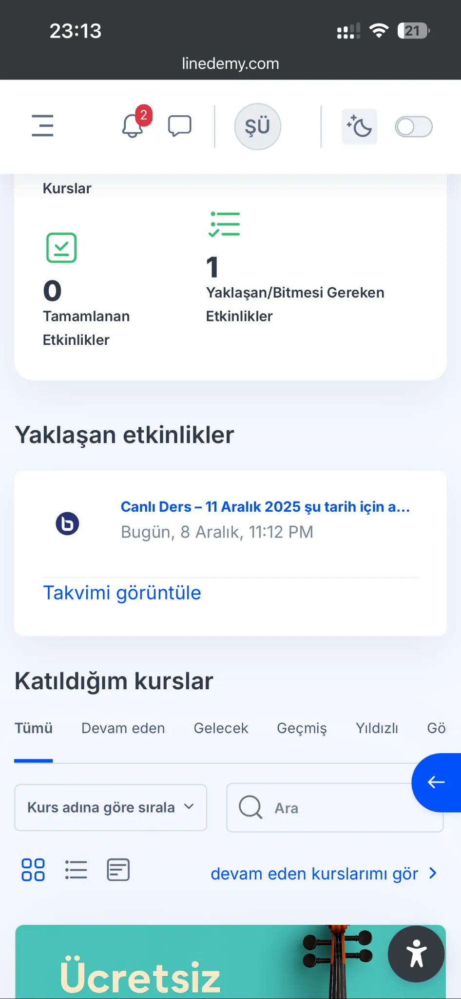 Linedemy kontrol paneli ve yaklaşan etkinlikler bölümü