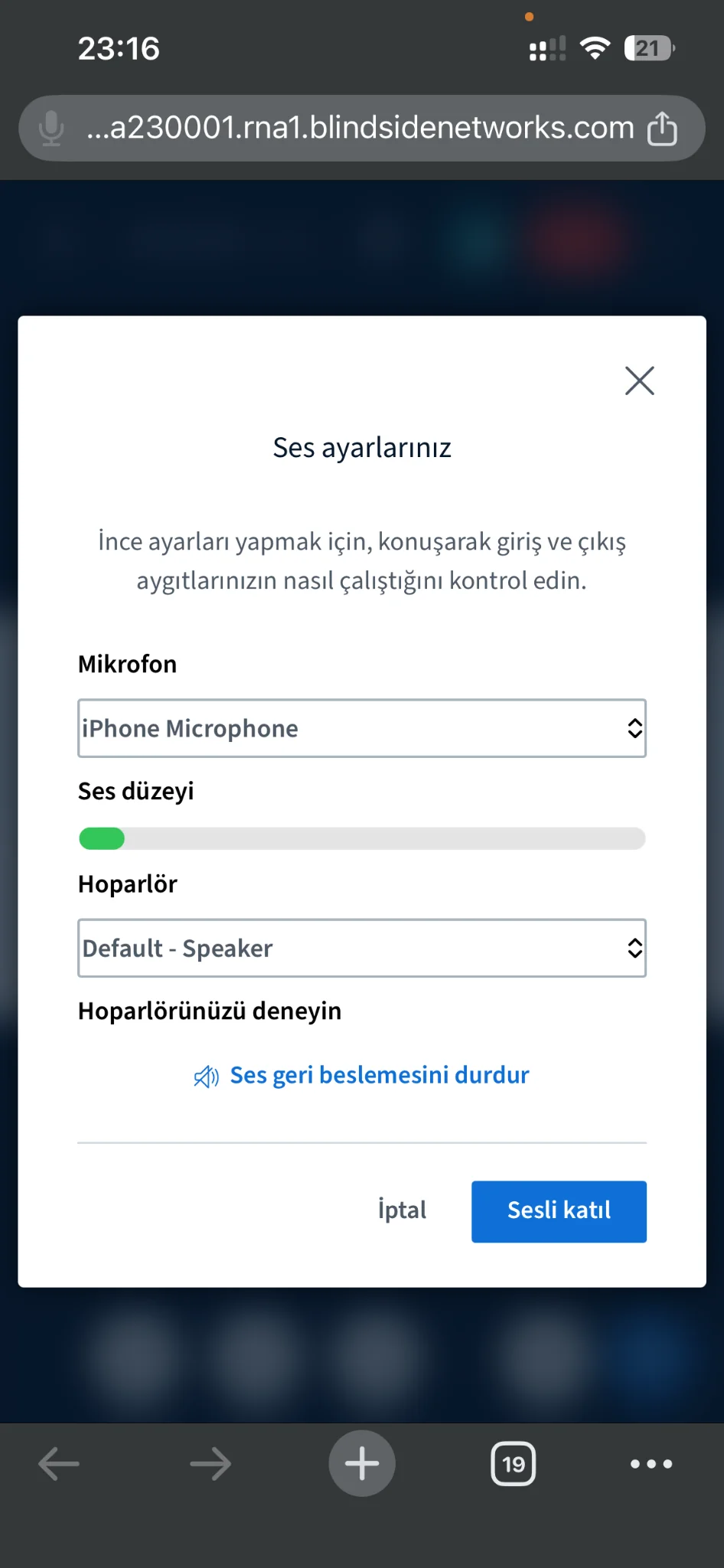 Mobil cihazda BigBlueButton ses ayarları ekranı